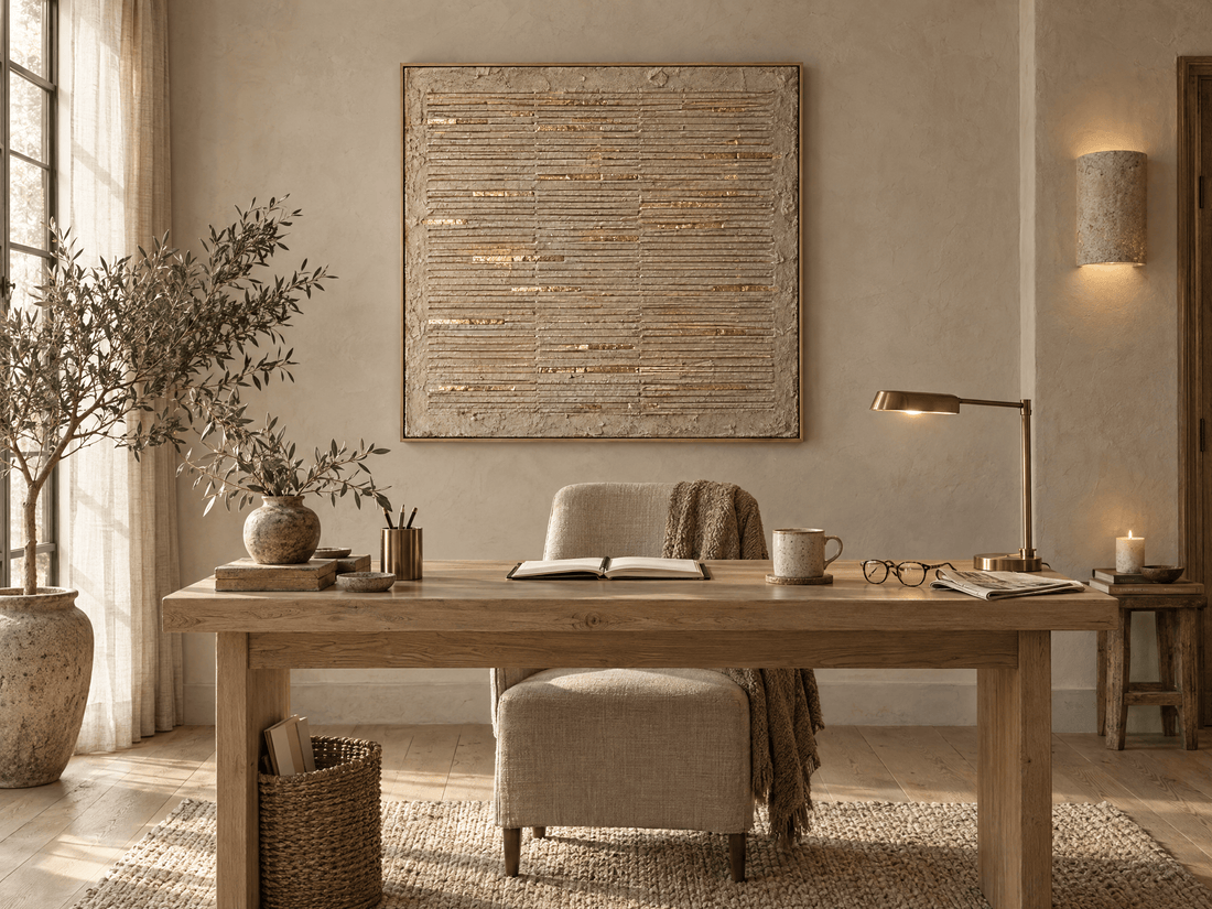 Gold and cream ridged canvas above an oak desk in a home office