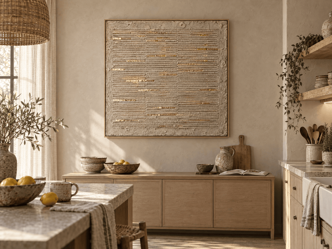 Cream ridged plaster canvas above an oak sideboard in a bright kitchen