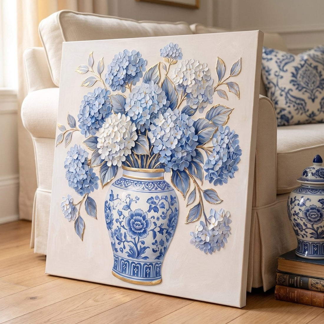 Ginger Jar Hydrangea Wall Art – Oversized Blue and White Chinoiserie Floral Textured Look Canvas for Living Room - Sense for Decor