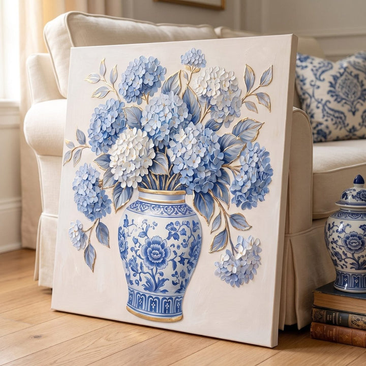 Ginger Jar Hydrangea Wall Art – Oversized Blue and White Chinoiserie Floral Textured Look Canvas for Living Room - Sense for Decor