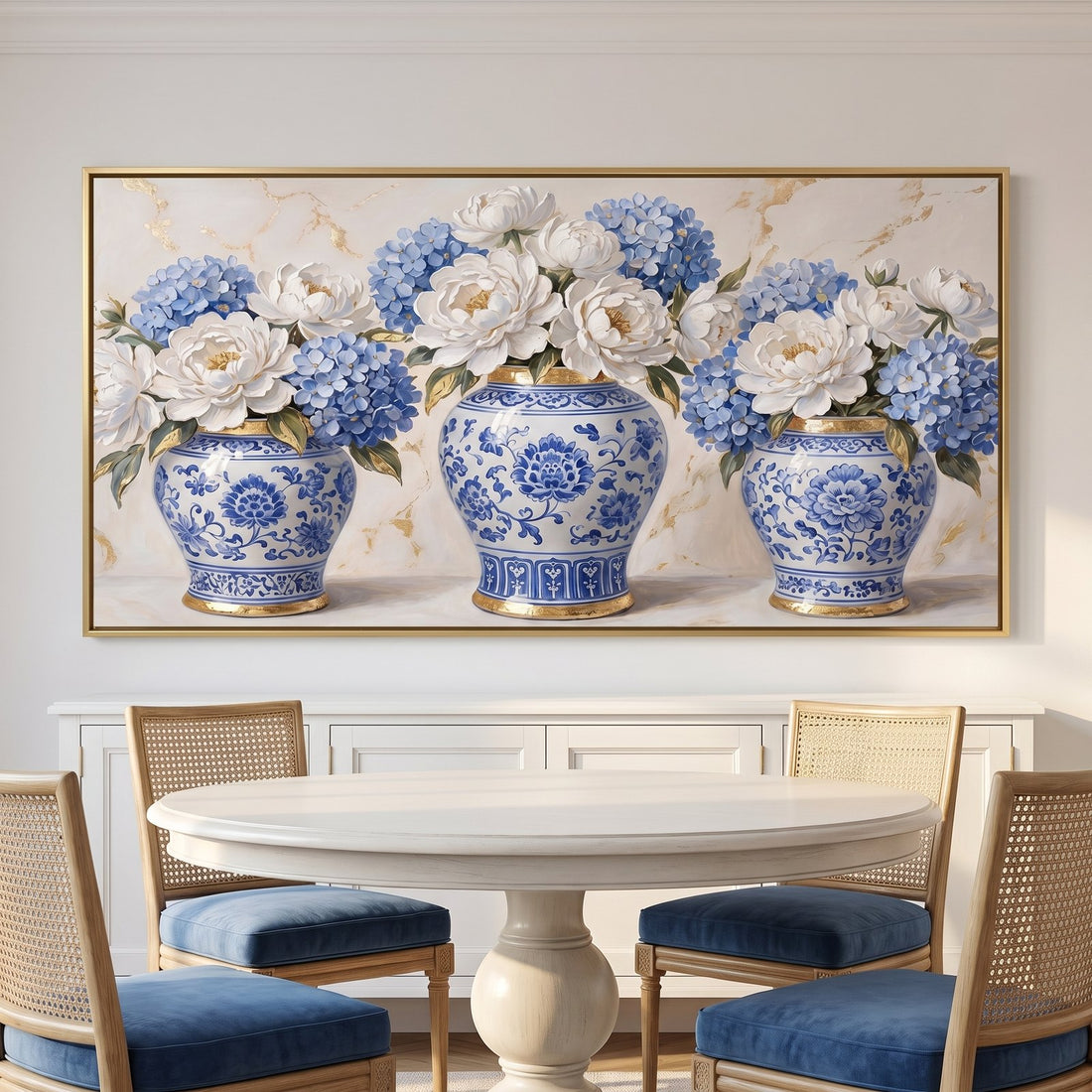 Ginger jar trio canvas above a white sideboard in a blue and white dining room