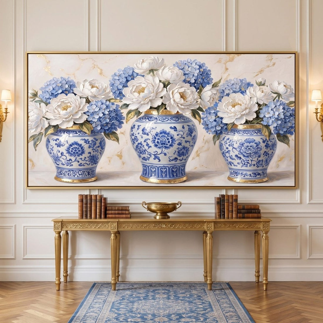 Ginger Jar Trio Wall Art – Oversized Blue and White Chinoiserie Panoramic Floral Textured Look Canvas for Living Room - Sense for Decor