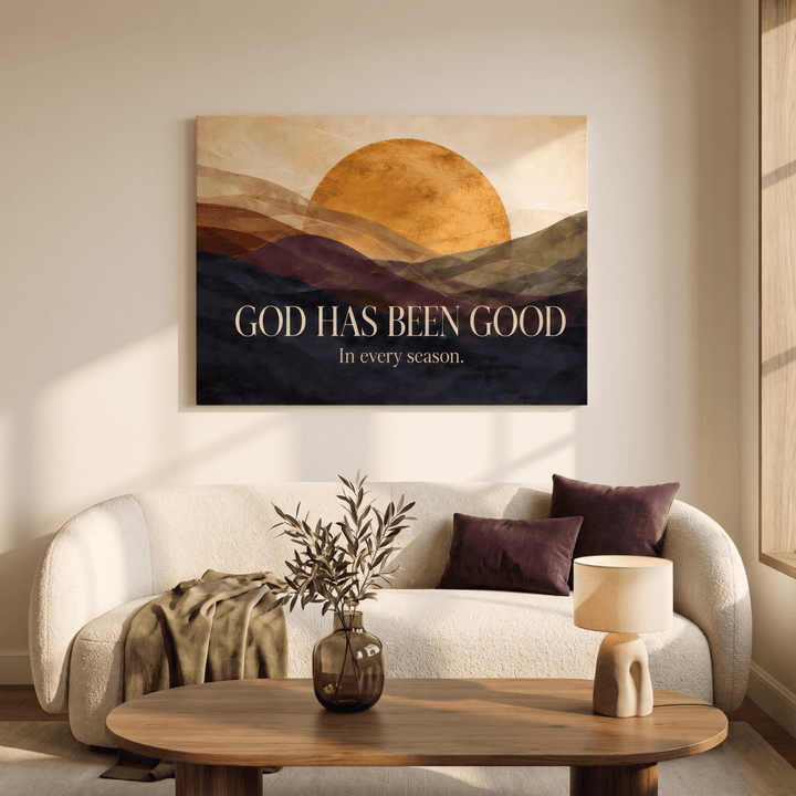 God Has Been Good In Every Season Wall Art – Golden Sunrise Mountain Christian Canvas, Modern Abstract Landscape for Living Room - Sense for Decor