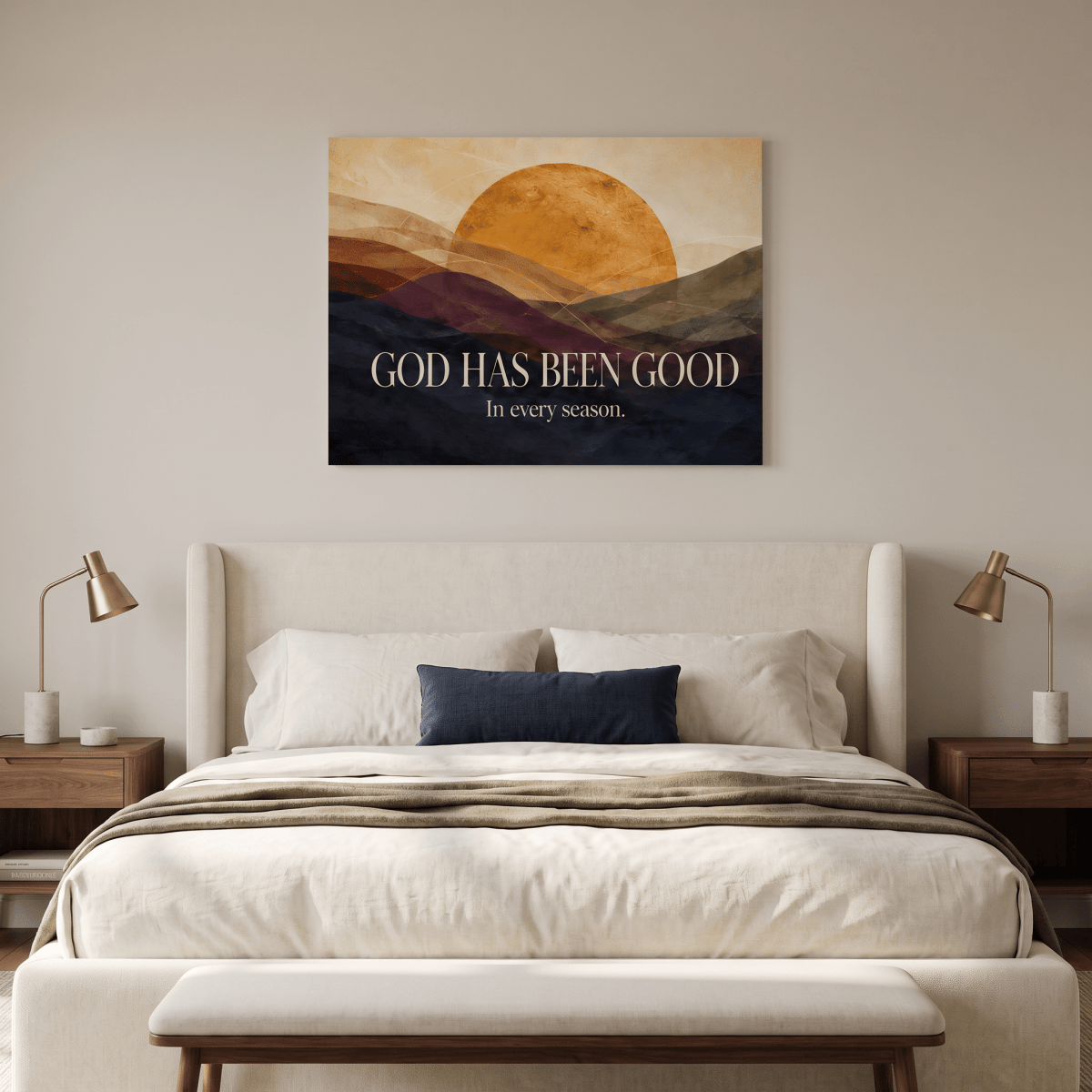 God Has Been Good In Every Season Wall Art – Golden Sunrise Mountain Christian Canvas, Modern Abstract Landscape for Living Room - Sense for Decor