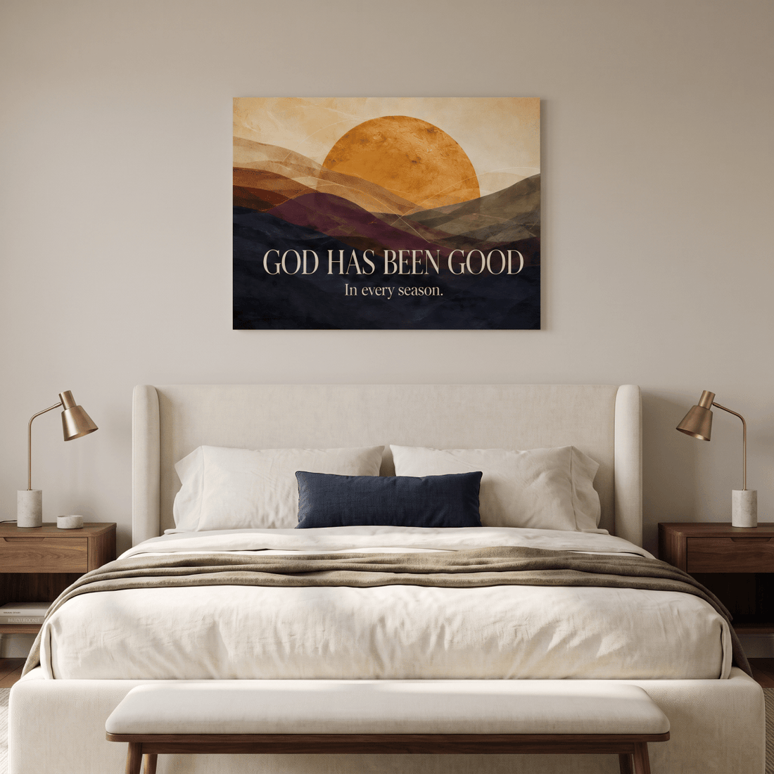 God Has Been Good In Every Season Wall Art – Golden Sunrise Mountain Christian Canvas, Modern Abstract Landscape for Living Room - Sense for Decor