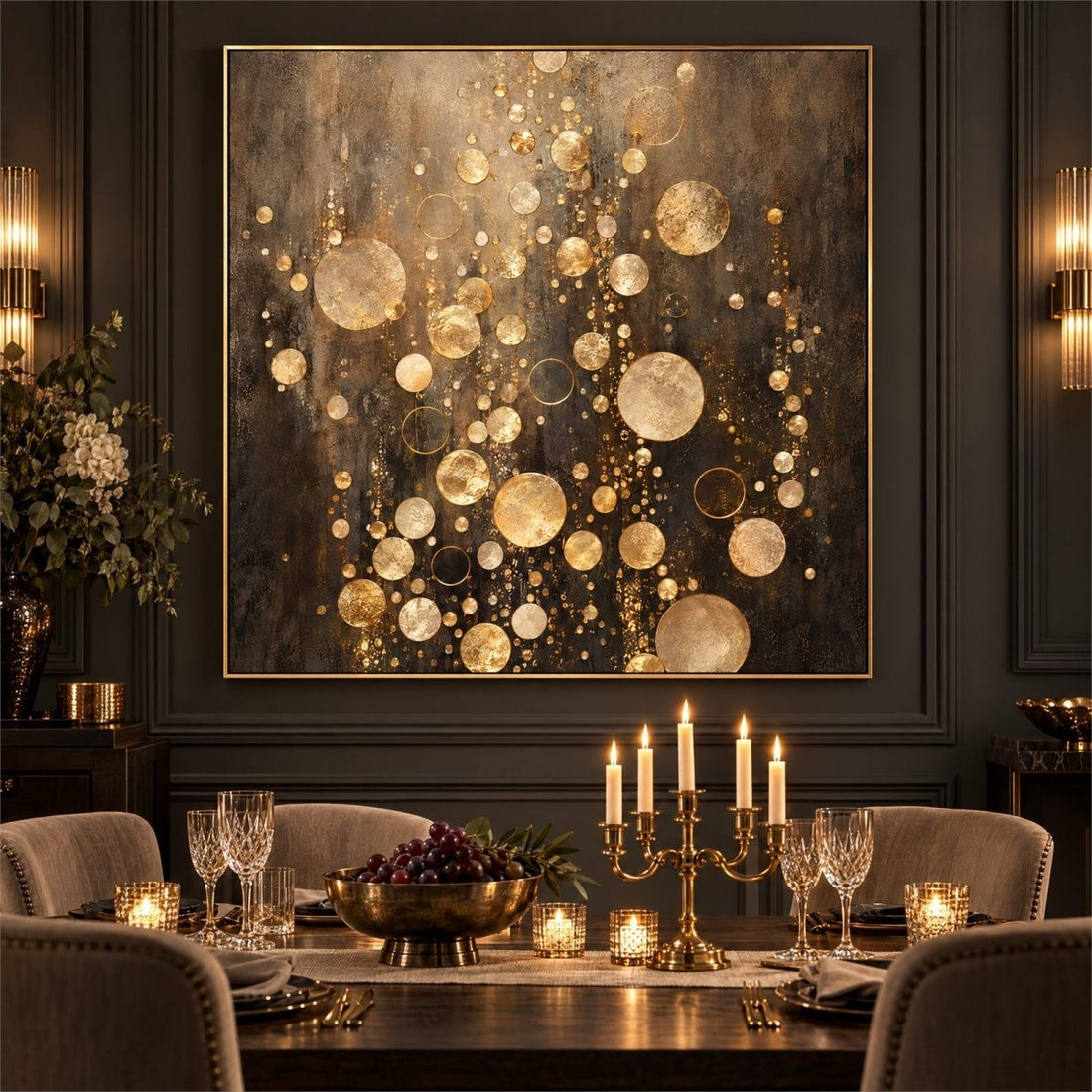 Gold and Black Wall Art – Oversized Champagne Bubbles Abstract Textured Look Canvas for Dining Room - Sense for Decor