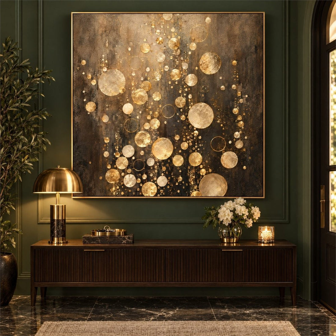 Gold and Black Wall Art – Oversized Champagne Bubbles Abstract Textured Look Canvas for Dining Room - Sense for Decor