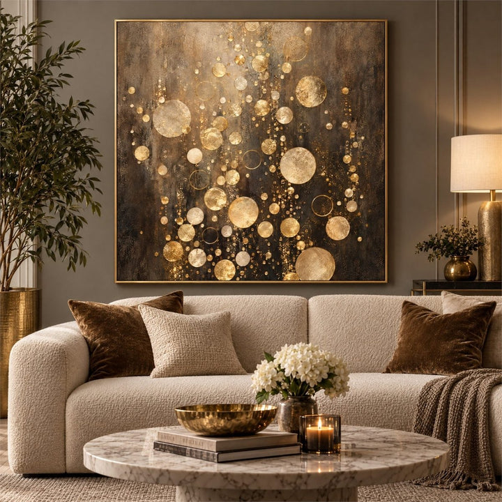 Gold and Black Wall Art – Oversized Champagne Bubbles Abstract Textured Look Canvas for Dining Room - Sense for Decor