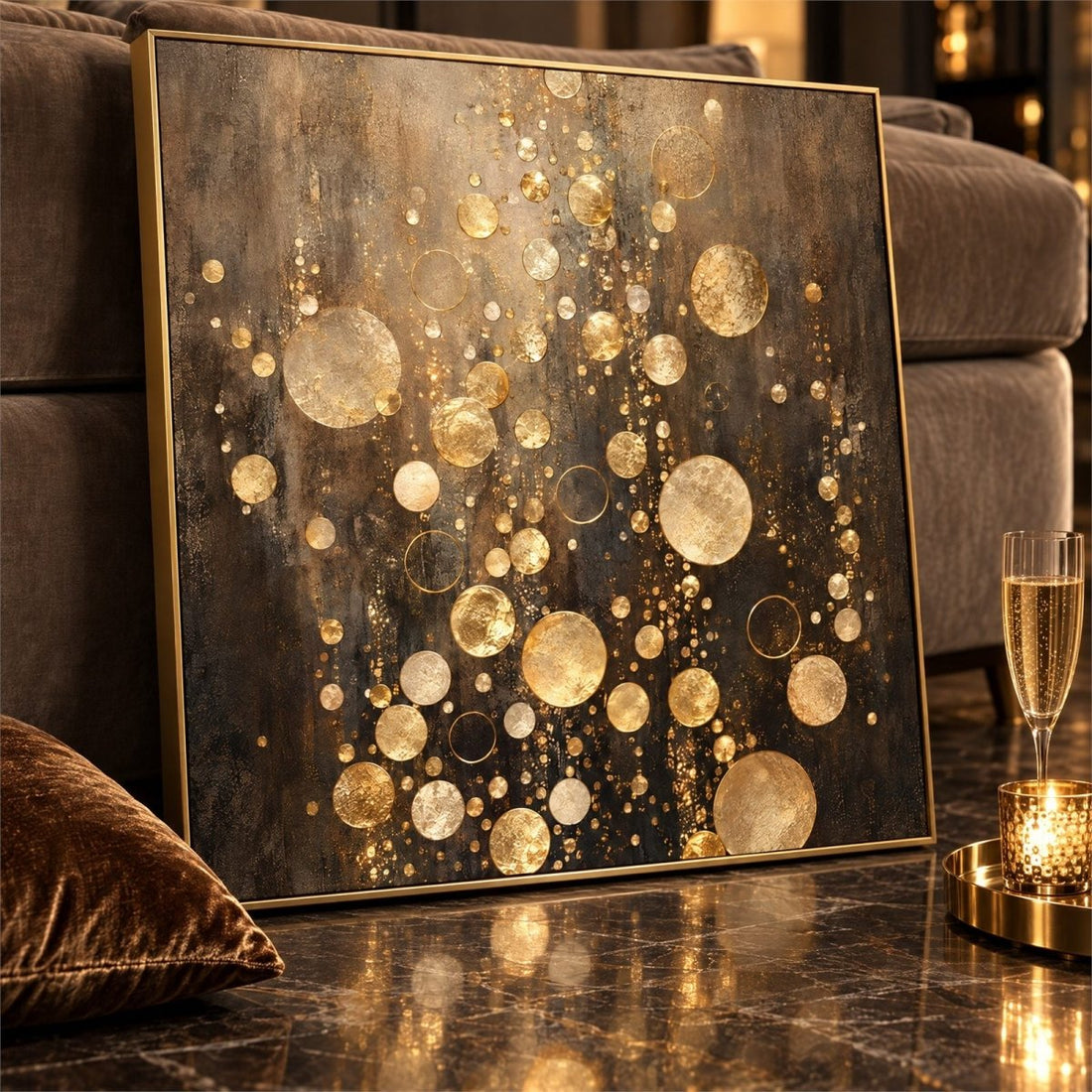 Gold and Black Wall Art – Oversized Champagne Bubbles Abstract Textured Look Canvas for Dining Room - Sense for Decor