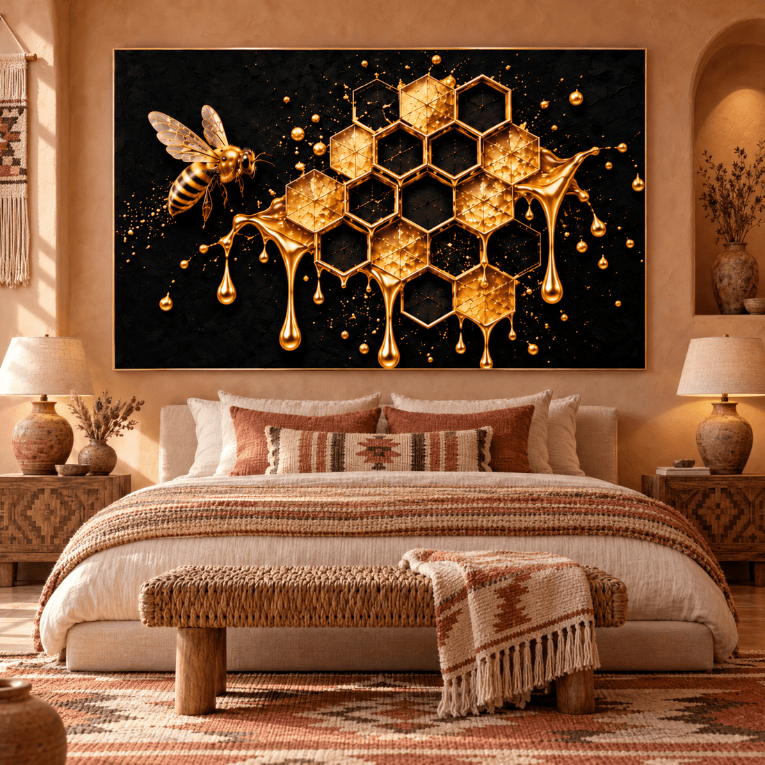 Gold Bee and Honeycomb Wall Art – Oversized Black and Gold Textured Look Canvas for Kitchen and Dining - Sense for Decor