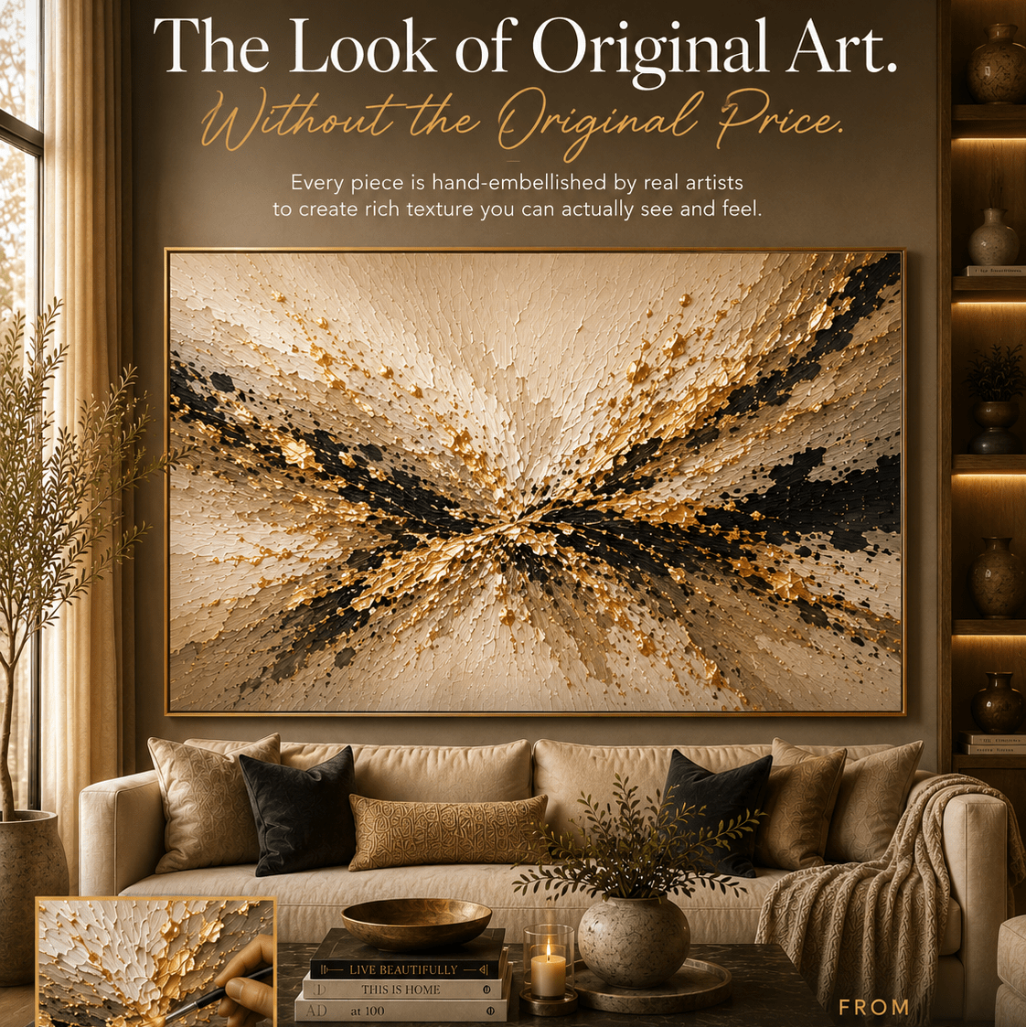 Gold & Black Abstract Wall Art | Large 60x40 Hand-Embellished Textured Canvas | Cream, Black & Gold Statement Piece | Luxury Impasto Art - Sense for Decor