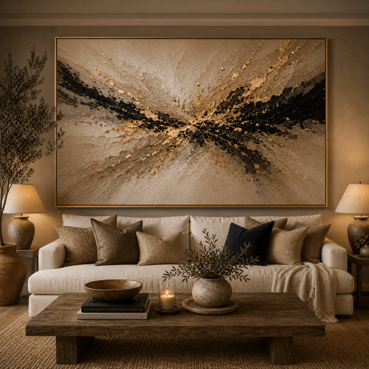Gold & Black Abstract Wall Art | Large 60x40 Hand-Embellished Textured Canvas | Cream, Black & Gold Statement Piece | Luxury Impasto Art - Sense for Decor