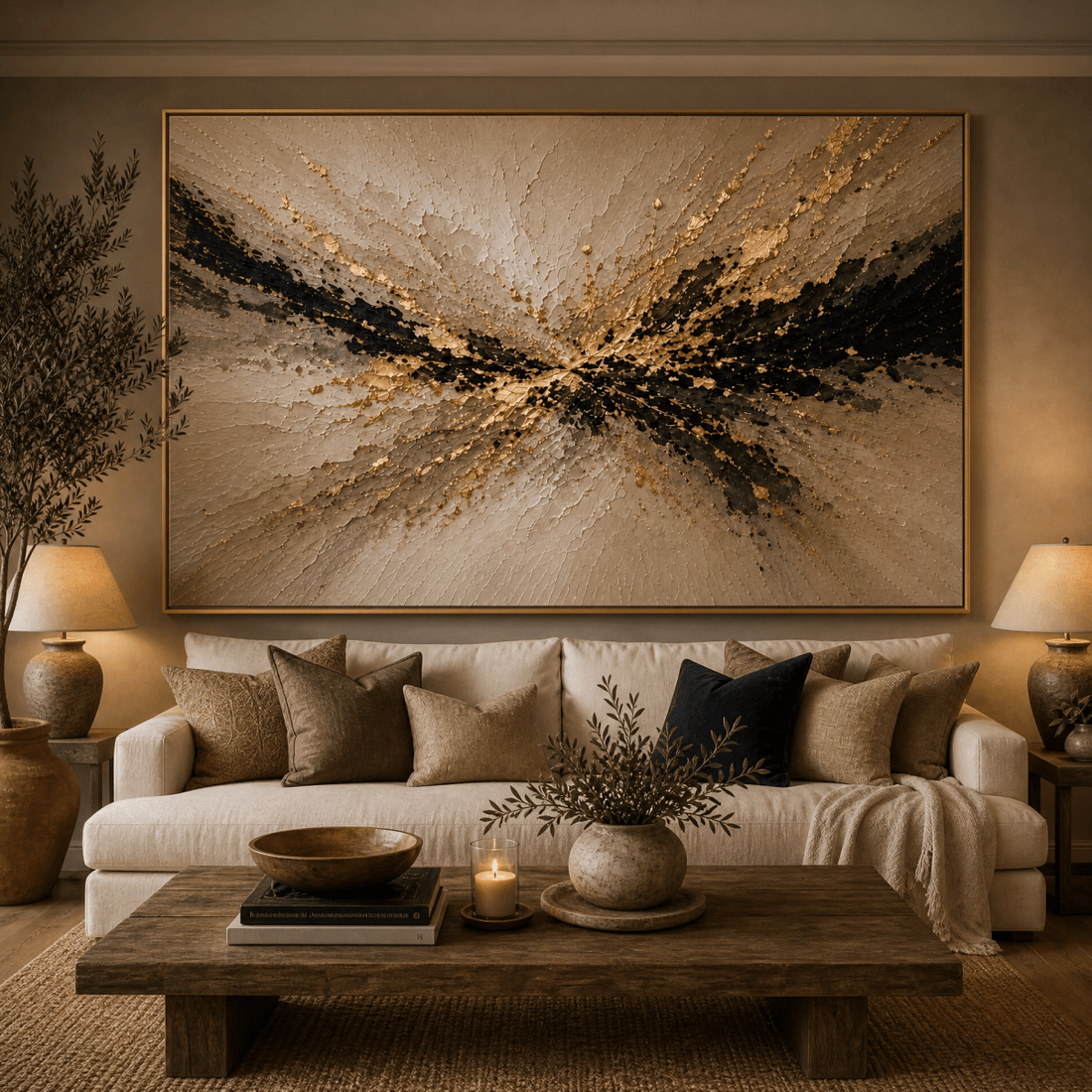 Gold & Black Abstract Wall Art | Large 60x40 Hand-Embellished Textured Canvas | Cream, Black & Gold Statement Piece | Luxury Impasto Art - Sense for Decor