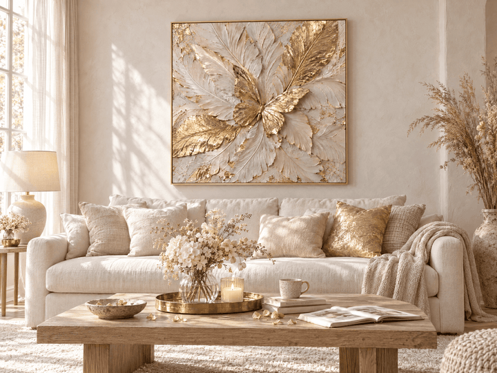 Gold Butterfly Wall Art – Oversized Cream and Ivory Textured Look Canvas for Bedroom and Living Room - Sense for Decor
