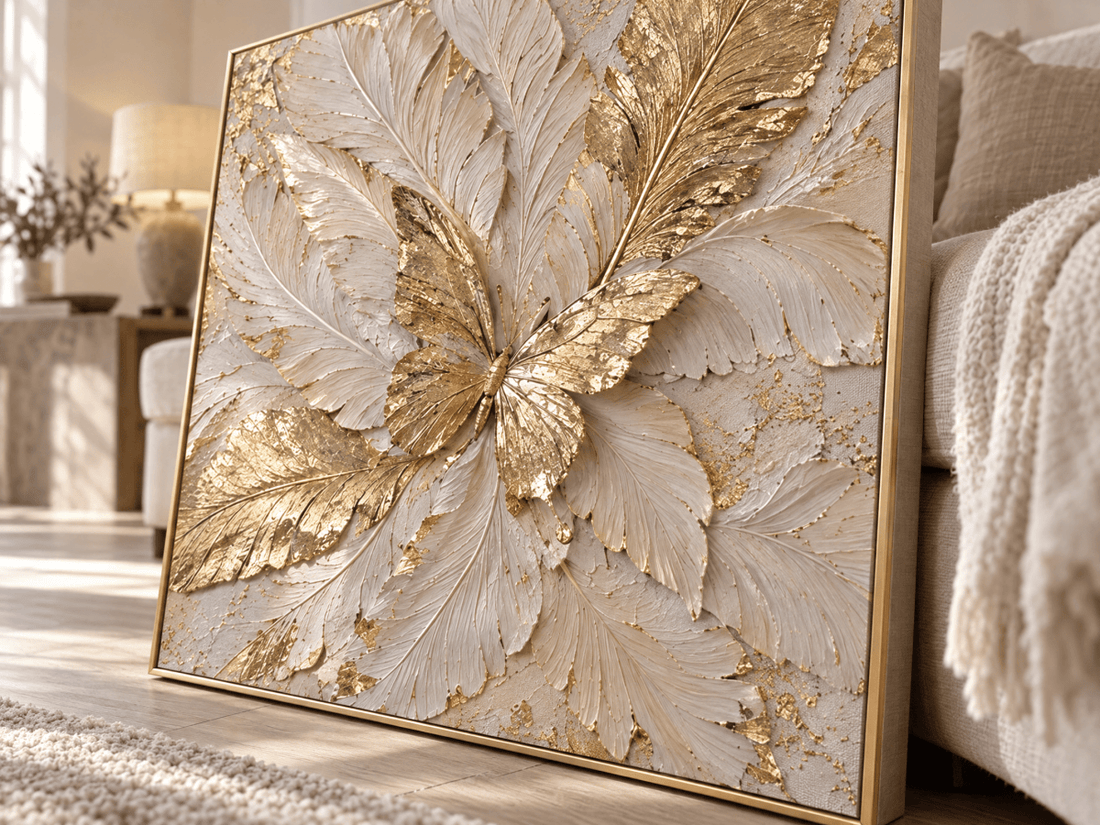 Gold Butterfly Wall Art – Oversized Cream and Ivory Textured Look Canvas for Bedroom and Living Room - Sense for Decor