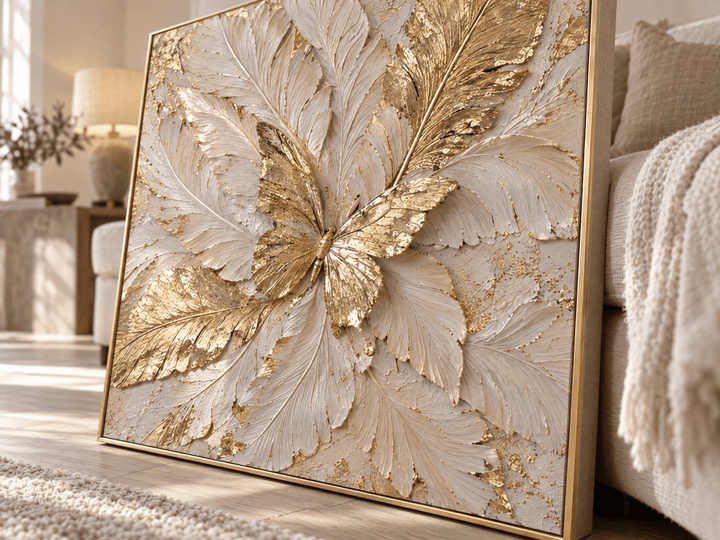 Gold Butterfly Wall Art – Oversized Cream and Ivory Textured Look Canvas for Bedroom and Living Room - Sense for Decor