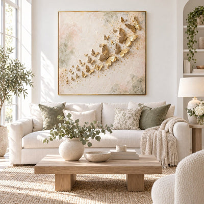 Gold Butterfly Wall Art – Oversized Rising Butterflies Textured Look Canvas for Bedroom - Sense for Decor