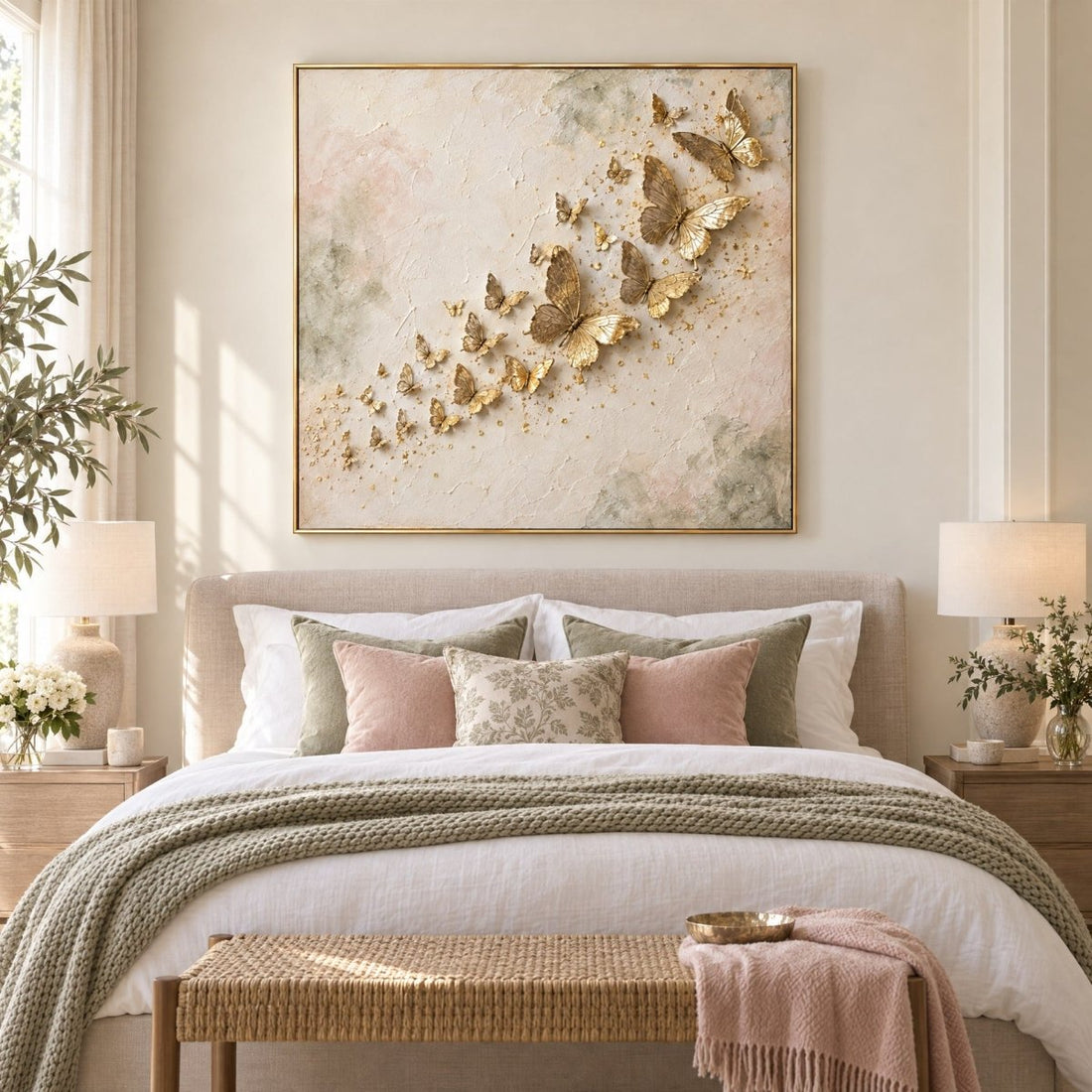 Gold Butterfly Wall Art – Oversized Rising Butterflies Textured Look Canvas for Bedroom - Sense for Decor