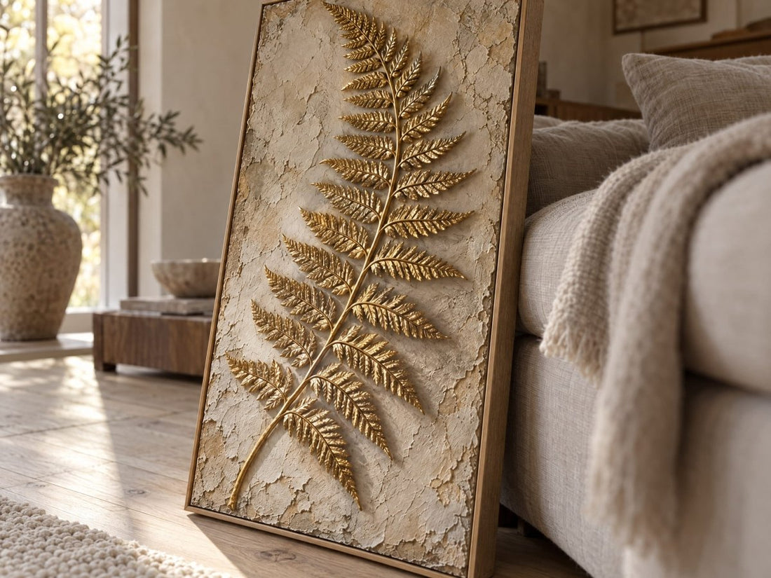 Gold Fern Wall Art – Oversized Tall Cream and Gold Textured Look Canvas for Entryway and Bedroom - Sense for Decor