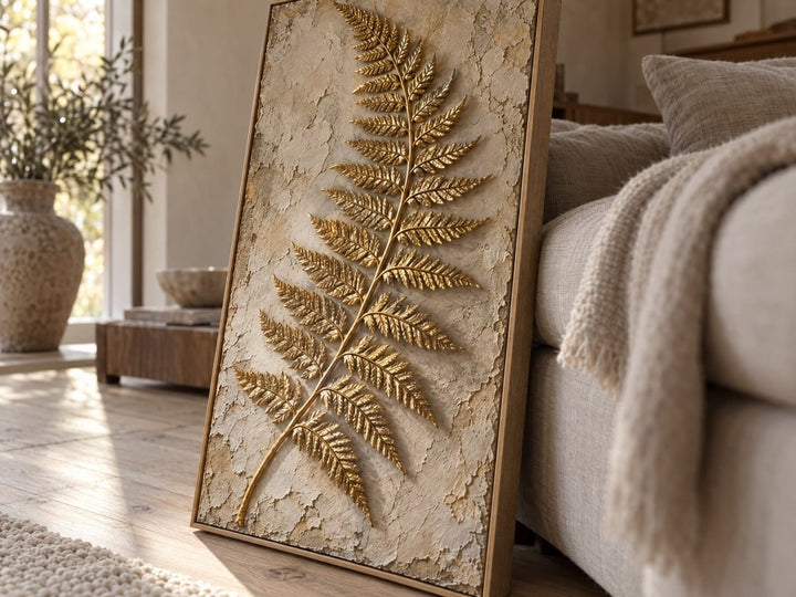 Gold Fern Wall Art – Oversized Tall Cream and Gold Textured Look Canvas for Entryway and Bedroom - Sense for Decor