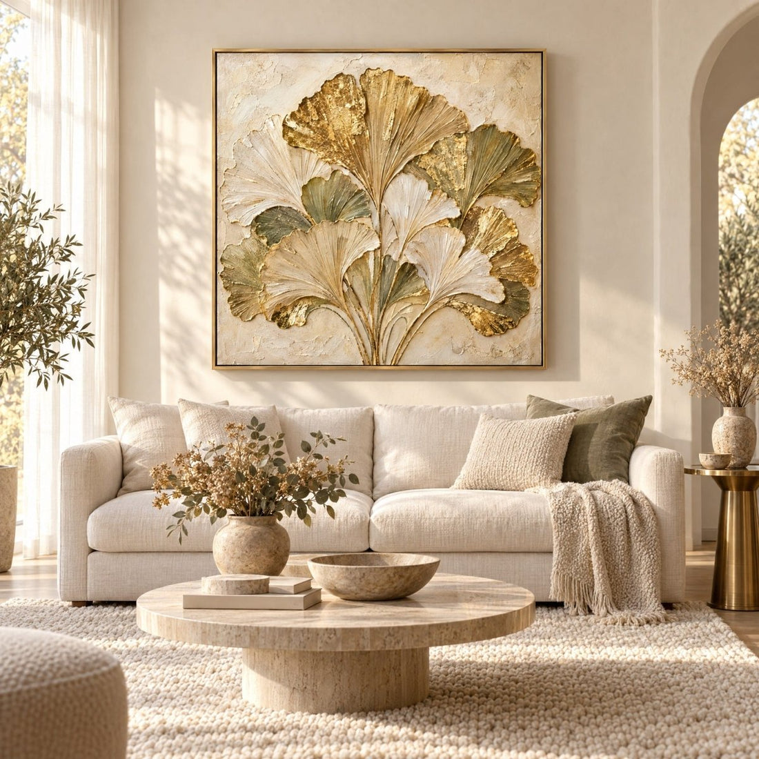 Gold Ginkgo Wall Art – Oversized Green and Gold Leaf Fan Textured Look Canvas for Living Room - Sense for Decor