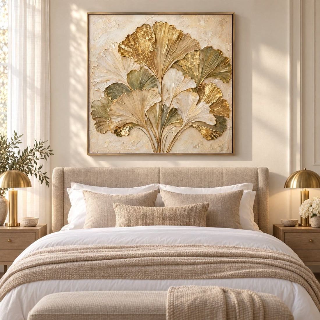 Gold Ginkgo Wall Art – Oversized Green and Gold Leaf Fan Textured Look Canvas for Living Room - Sense for Decor