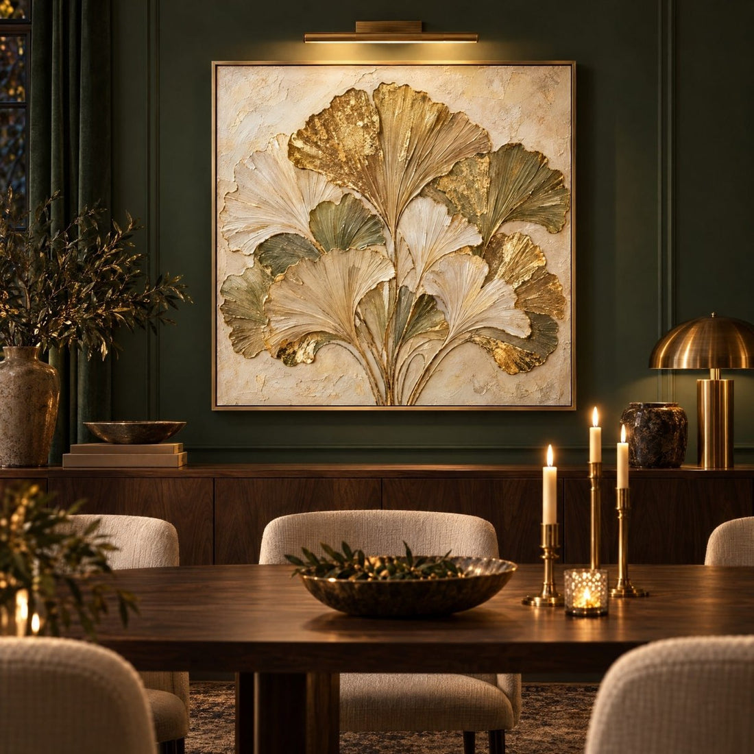 Gold Ginkgo Wall Art – Oversized Green and Gold Leaf Fan Textured Look Canvas for Living Room - Sense for Decor