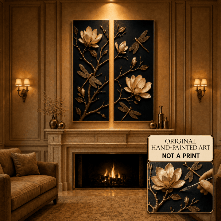 Gold Magnolia and Dragonfly Wall Art – Hand Painted Atelier Collection - Sense for Decor