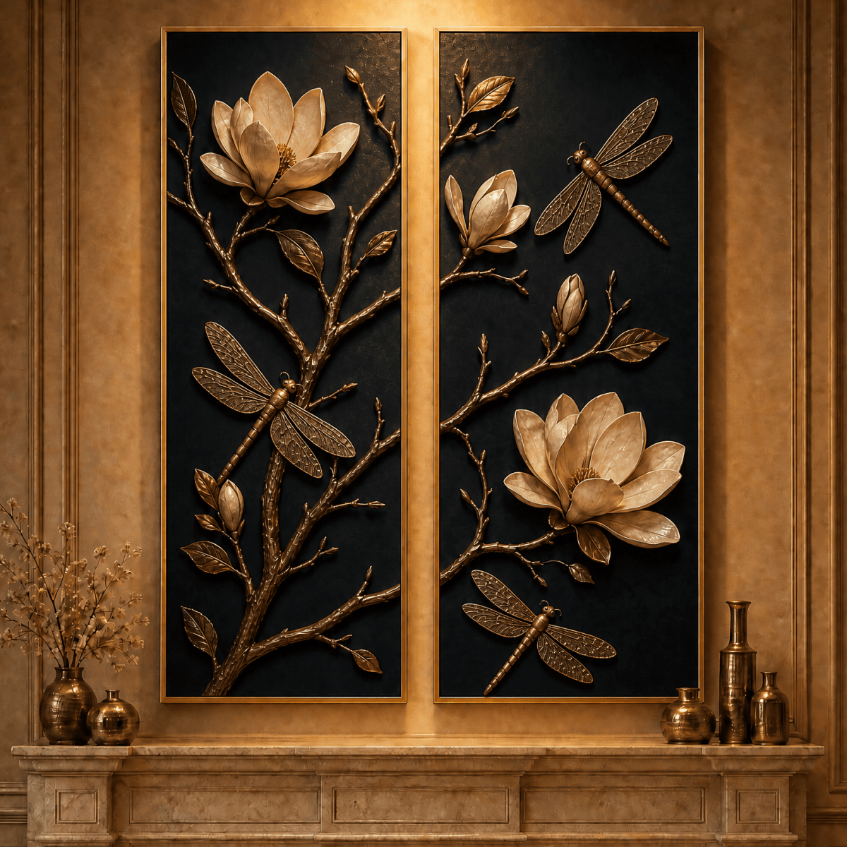Gold Magnolia and Dragonfly Wall Art – Luxury 2 Panel Sculptural Canvas Set - Sense for Decor