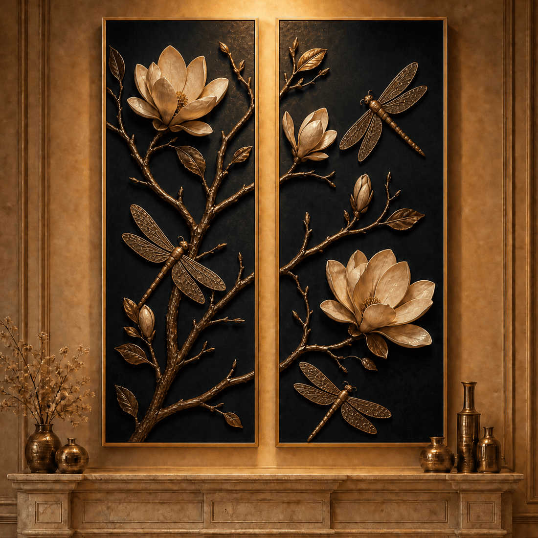 Gold Magnolia and Dragonfly Wall Art – Luxury 2 Panel Sculptural Canvas Set - Sense for Decor