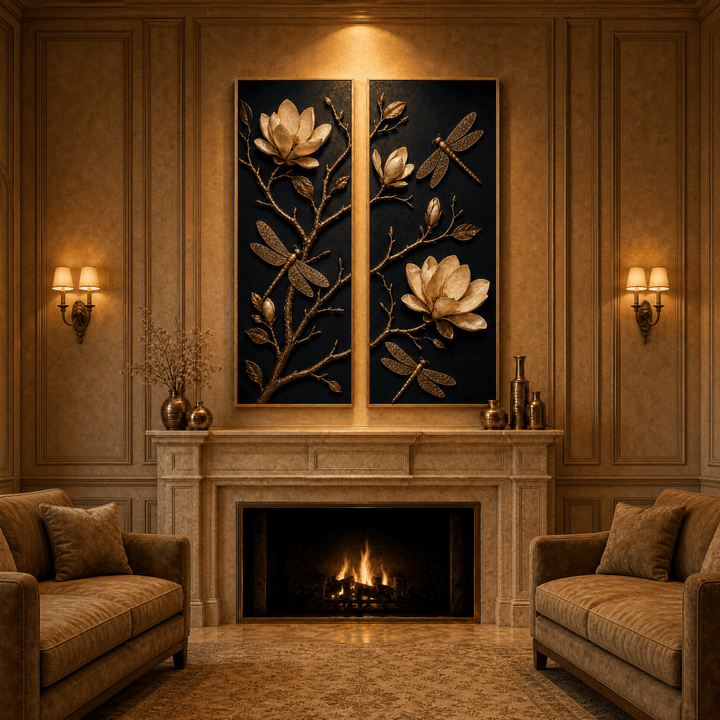 Gold Magnolia and Dragonfly Wall Art – Luxury 2 Panel Sculptural Canvas Set - Sense for Decor