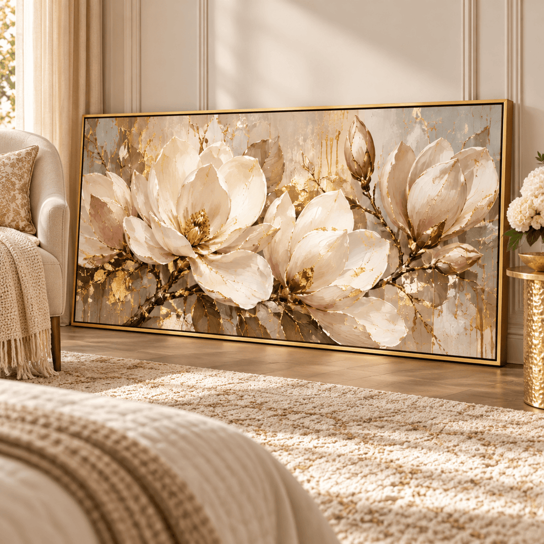 Gold Magnolia Wall Art – Oversized Panoramic Cream and Gold Leaf Textured Look Canvas for Living Room - Sense for Decor