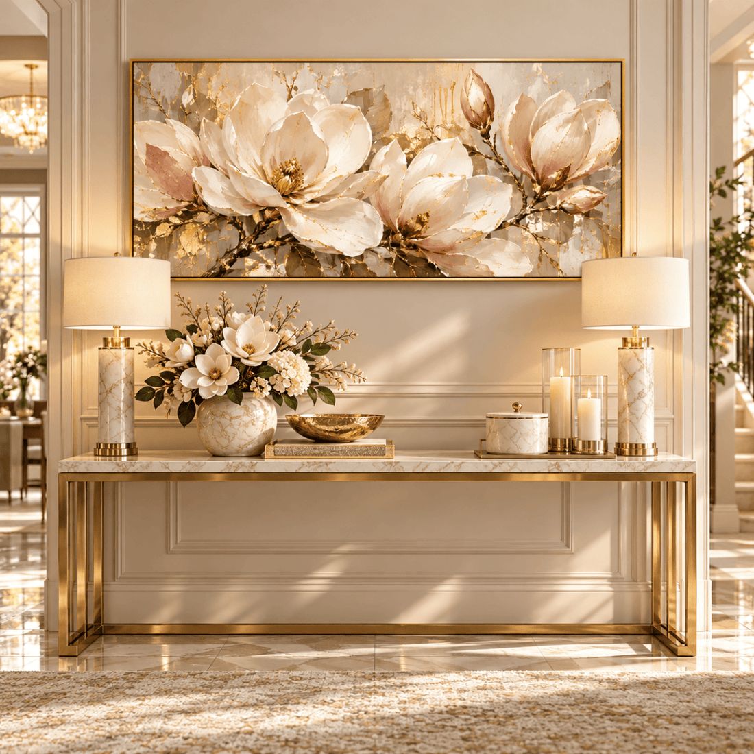 Gold Magnolia Wall Art – Oversized Panoramic Cream and Gold Leaf Textured Look Canvas for Living Room - Sense for Decor