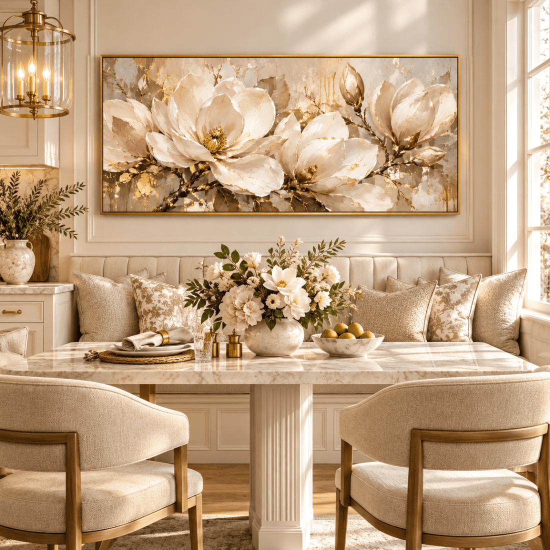 Gold Magnolia Wall Art – Oversized Panoramic Cream and Gold Leaf Textured Look Canvas for Living Room - Sense for Decor