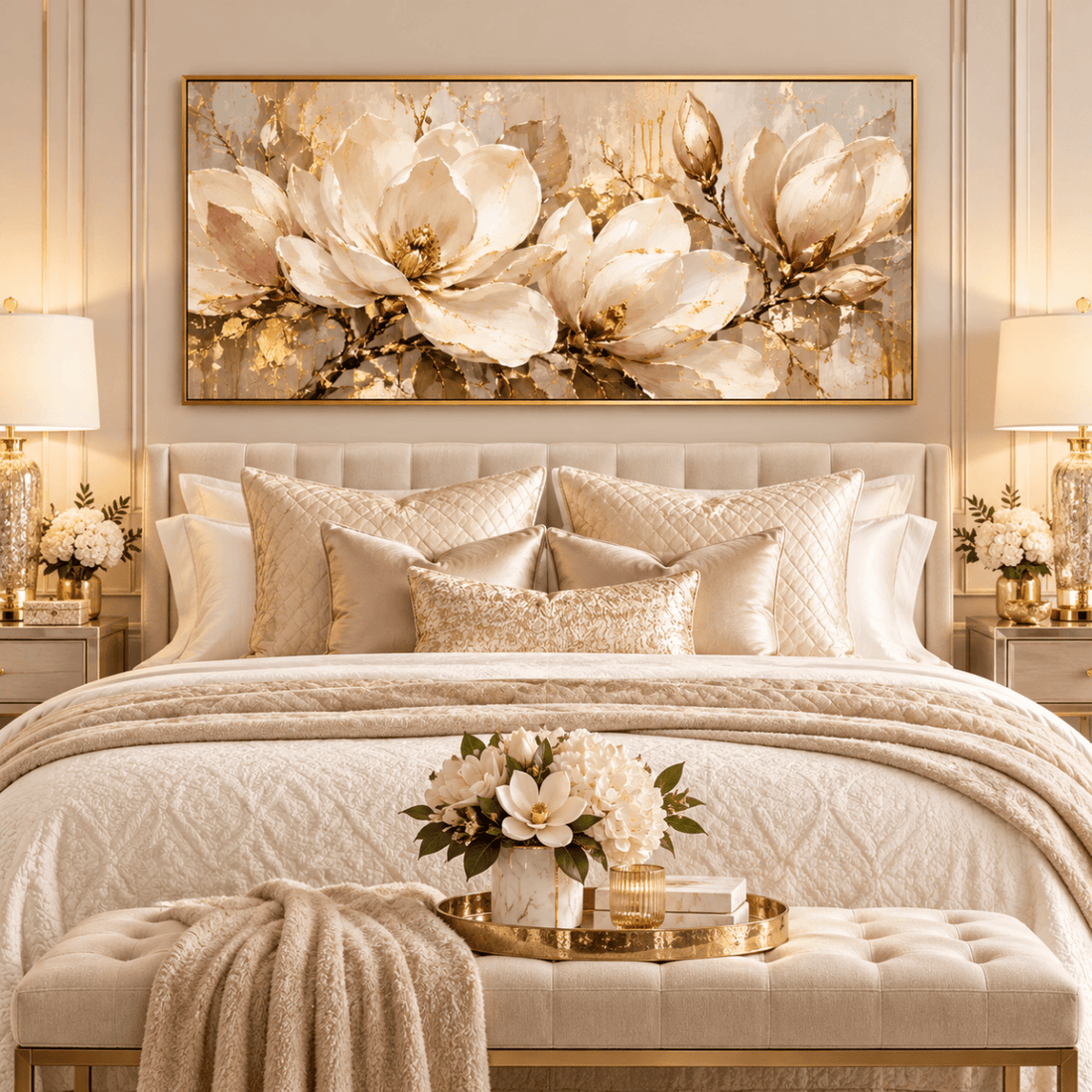 Gold Magnolia Wall Art – Oversized Panoramic Cream and Gold Leaf Textured Look Canvas for Living Room - Sense for Decor