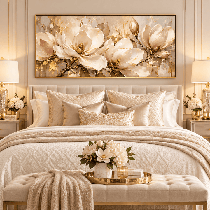 Gold Magnolia Wall Art – Oversized Panoramic Cream and Gold Leaf Textured Look Canvas for Living Room - Sense for Decor