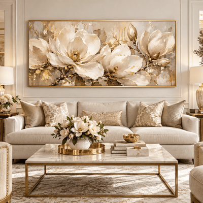 Gold Magnolia Wall Art – Oversized Panoramic Cream and Gold Leaf Textured Look Canvas for Living Room - Sense for Decor