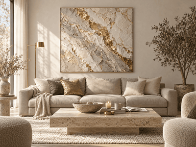 Gold Marble Wall Art – Oversized Cream and Grey Vein Textured Look Canvas for Living Room - Sense for Decor