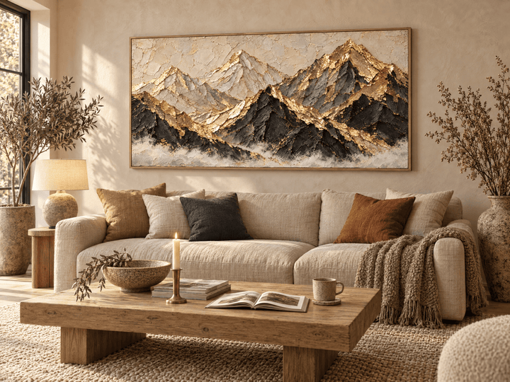 Gold Mountain Range Wall Art – Oversized Black and Gold Peaks Textured Look Canvas for Living Room - Sense for Decor