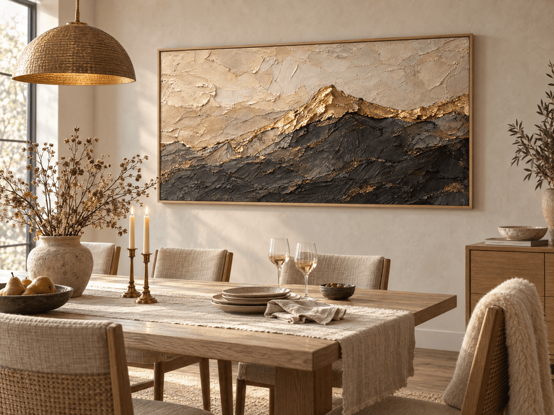 Gold Mountain Wall Art – Oversized Cream and Charcoal Textured Look Canvas for Living Room - Sense for Decor