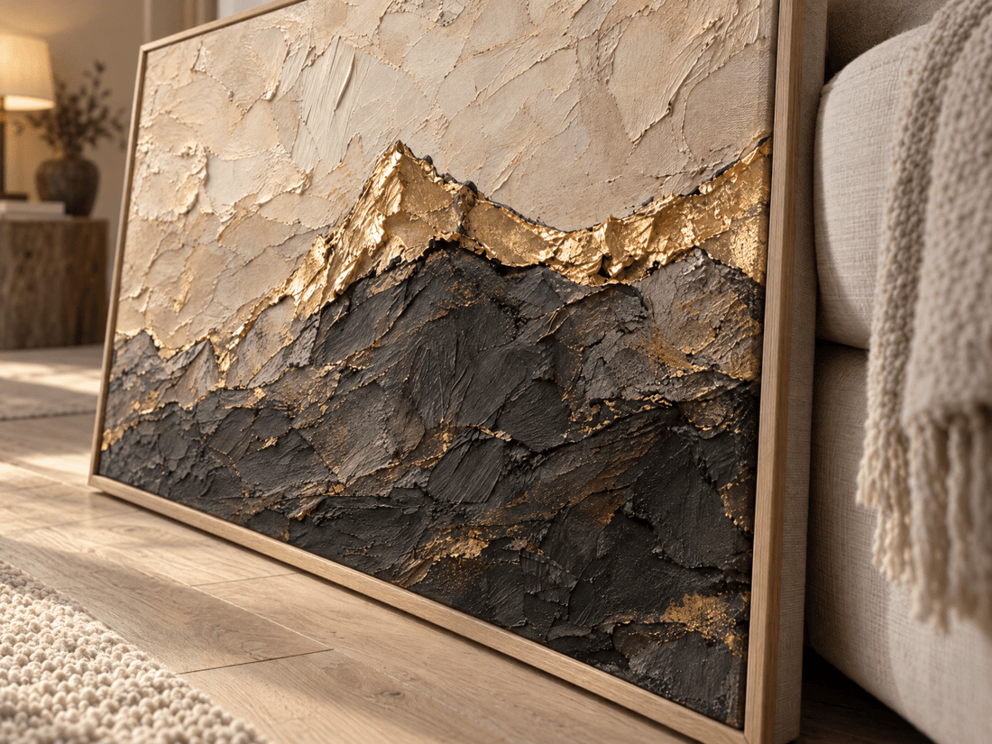 Gold Mountain Wall Art – Oversized Cream and Charcoal Textured Look Canvas for Living Room - Sense for Decor