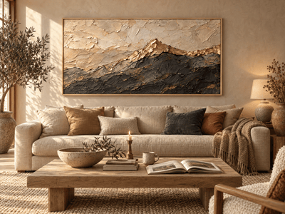 Gold Mountain Wall Art – Oversized Cream and Charcoal Textured Look Canvas for Living Room - Sense for Decor