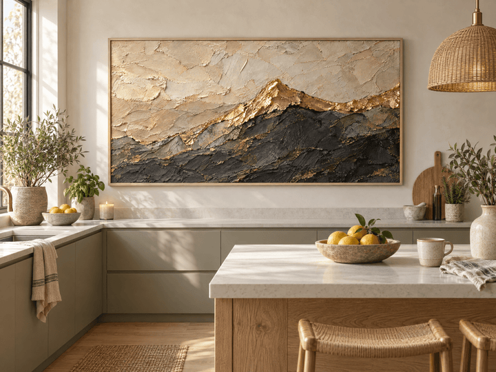Gold Mountain Wall Art – Oversized Cream and Charcoal Textured Look Canvas for Living Room - Sense for Decor