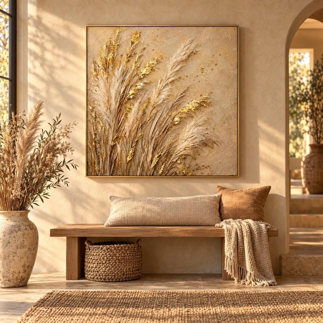 Gold Pampas Grass Wall Art – Oversized Cream and Gold Plumes Textured Look Canvas for Living Room - Sense for Decor