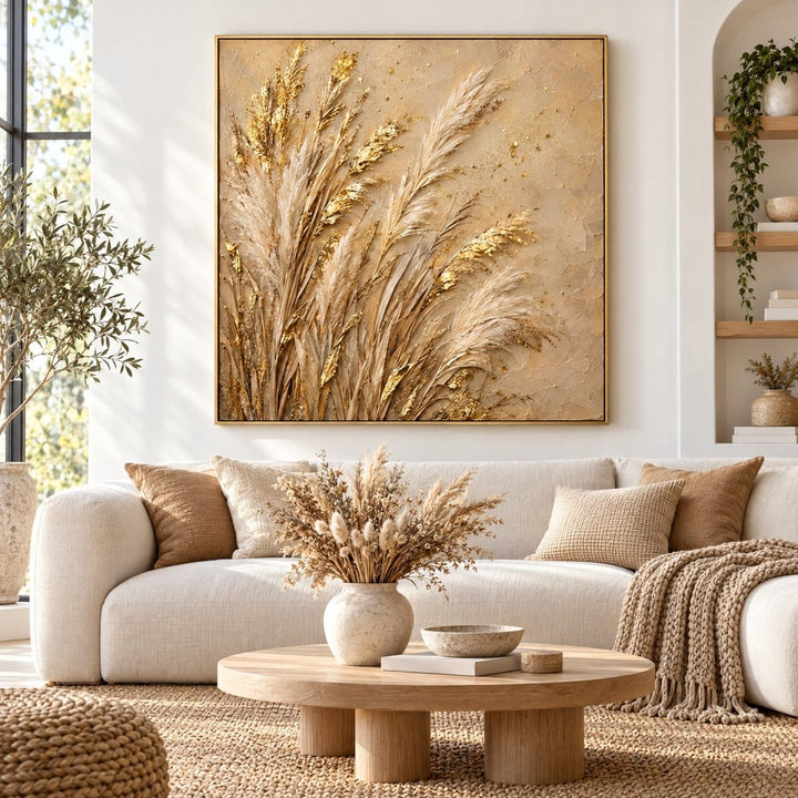 Gold Pampas Grass Wall Art – Oversized Cream and Gold Plumes Textured Look Canvas for Living Room - Sense for Decor