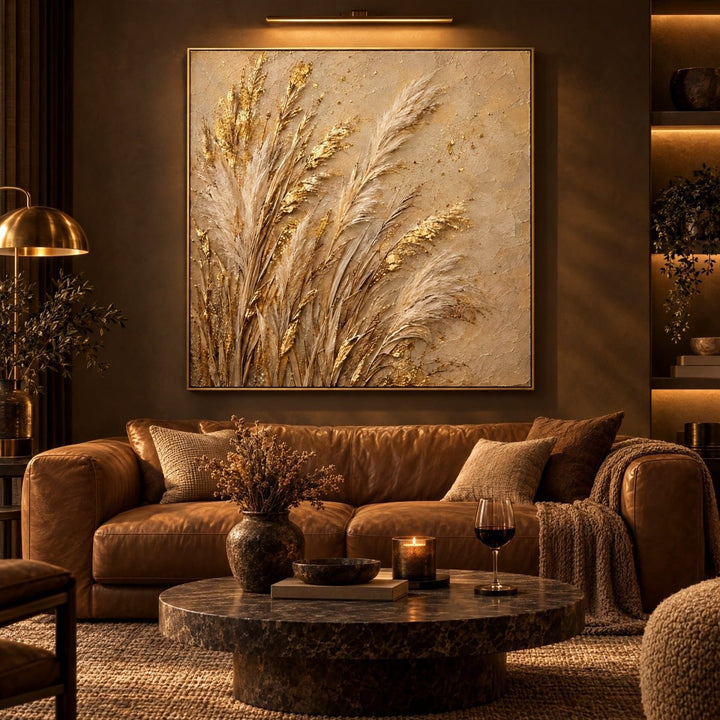 Gold Pampas Grass Wall Art – Oversized Cream and Gold Plumes Textured Look Canvas for Living Room - Sense for Decor