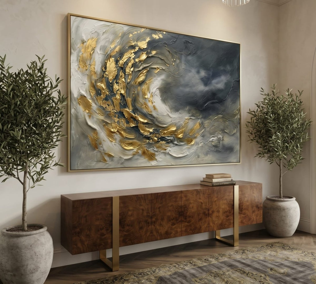 Gold Swirl Wall Art – Oversized Grey and White Textured Look Canvas for Living Room and Bedroom - Sense for Decor