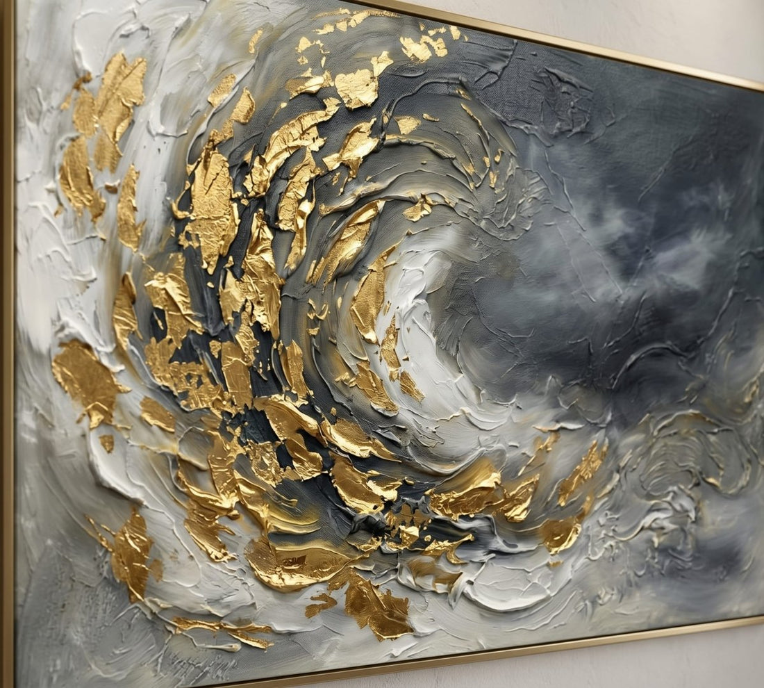 Gold Swirl Wall Art – Oversized Grey and White Textured Look Canvas for Living Room and Bedroom - Sense for Decor