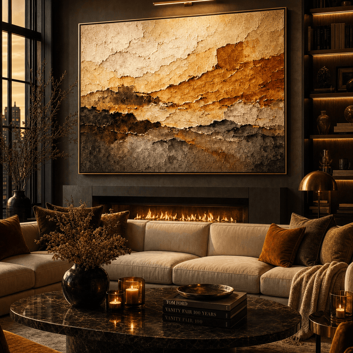 Warm Gold Abstract Wall Art | Hand-Embellished Textured Canvas | Earth Tone Large Statement Piece | Terracotta & Gold