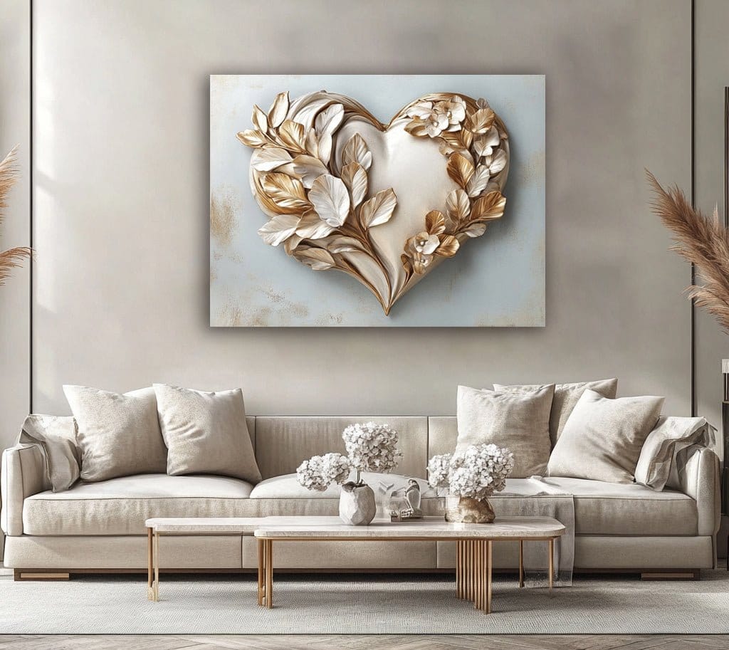 Golden Bloom Heart – Elegant Floral Wall Art on Soft Blue Background - Sense for Decor